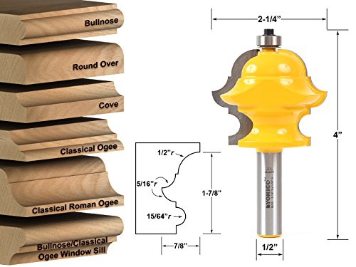 YONICO Architectural Molding Router Bits Multi Profile 1/2-Inch Shank 16155 - style: 16155 - 1-7/8" CL - 7/8" CD - 1/2" Shank