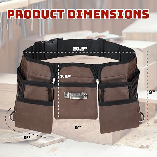 11 Pocket Brown and Black Heavy Duty Construction Tool Belt, Work Apron, Tool Pouch, with Poly Web Belt Quick Release Buckle - Adjusts from 33” Inches All the Way to 50” Inches