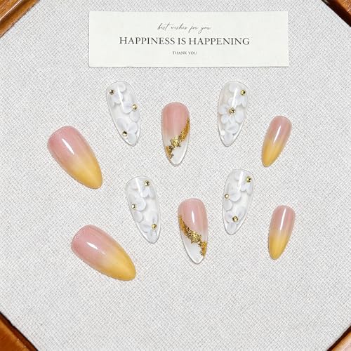 3D Press on Nails Almond - Medium French Tip Fake Nails with Embossed Flower&Gold Bead Designs, Glossy Finish Reusable False Nails for Women Manicure(3D Embossed design 21） - color: 3D Embossed design 21