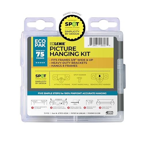 70-Piece Patented Zinc Picture Hanging Kit, Eco Pak, Hangs 8 Wooden Frames Up to 75 lbs, No Measuring Needed, Wall Picture Hangers with Tackle Box, Drywall Anchors, and Hardware - size: 8 Frames Up to 75 lbs