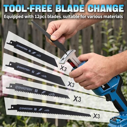 Cordless Reciprocating Saw,Electric Saw with 2 X 4.0Ah Batteries, Handheld Brushless Motor Saw Lightweight with Variable Speed 0-3500 SPM,12 Blades,Cordless Saw for Cutting Wood PVC Pipe