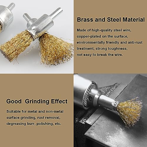 ATOPLEE 20pcs Brass Coated Wire Brush Wheel & Cup Brush Set with 1/4 Inch Round Shank,Diameter 3/8‘’(10mm) Crimped Wire Brush Wheel for Rust Removal, Corrosion and Scrub Surfaces,for Drill Attachment - style: 10mm,20pcs