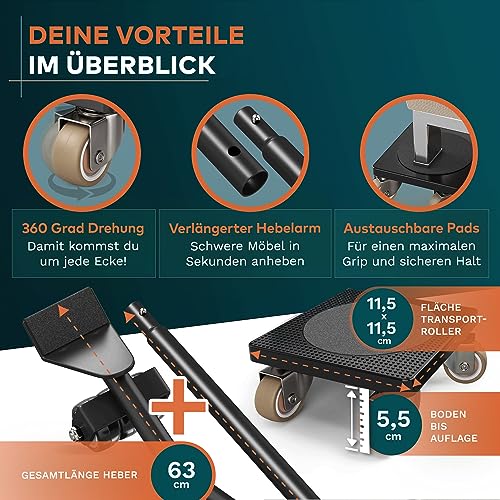 Furniture Lifter & Moving Kit, 5-Piece Furniture Movers with 360° Wheels, 440 lb Capacity, 25.6" Extra-Long Lever, Non-Slip Pads, Heavy-Duty Furniture Moving Sliders for Appliances & Furniture