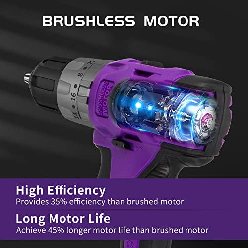 Purple Brushless Cordless Drill Set, 20V Compact Power Driver Kit with Electric Motor, 20+3 Torque Setting, 48 N.m, 2 Variable Speed, 23pcs Driver Bits, and Tool Box for Women Men Home DIY