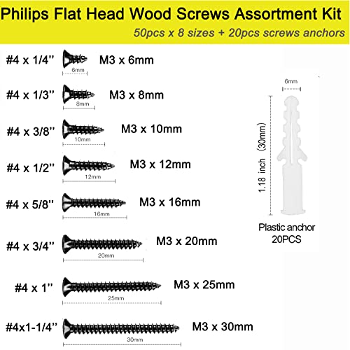#4 Carbon Flat Head Self-Tapping Wood Screws, 420pcs Assortment Set | Set includes 20 plastic anchors for drywall. 8 sizes from 6mm to 30mm. Storage case keeps organized. For furniture, hinges. - color: Assortment Kit, size: #4 Assortment Kit(420 PCS)