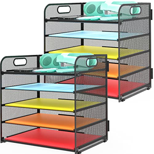 2 Pack Letter Tray 5-Tier Desk Organizer File Paper Holder with Handle, Metal Desktop Document Shelf Tray Office Classroom Organization - Black - color: Black