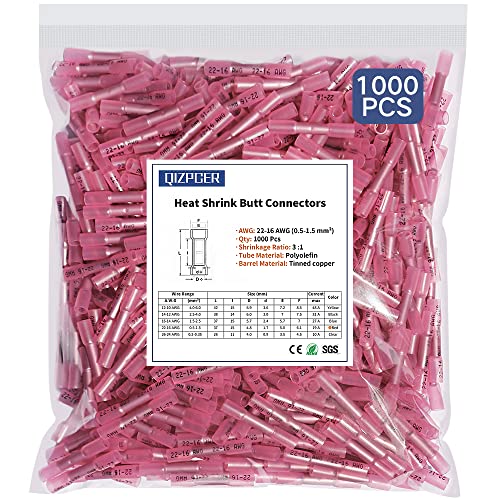 1000 Pcs Heat Shrink Butt Connectors, 22-16 AWG Marine Grade Insulated Crimp Wire Connectors, Waterproof Electrical Connectors Butt Splice for Boat Truck Wiring - size: 22-16 AWG (Red)