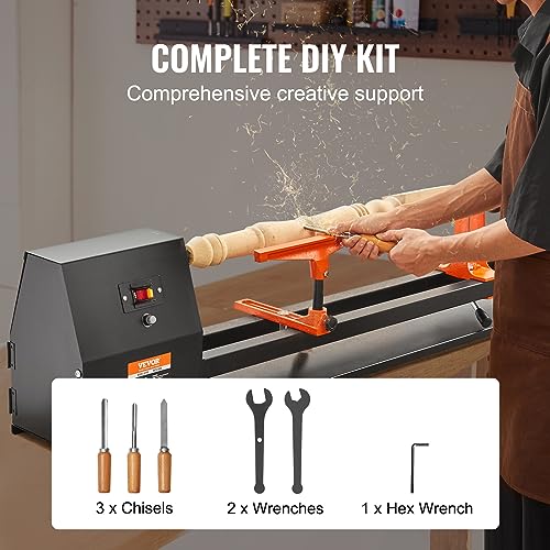VEVOR Wood Lathe, 14 in x 40 in, 4 Speed Adjustable 885/1245/1715/2425 RPM 0.5 HP 370W Power Wood Turning Lathe Machine with Chisels Faceplate Plastic Handle Hex Wrench for Woodworking - size: 14" x 40"-0.5HP