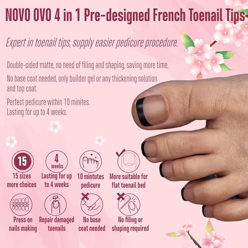 NOVO OVO Fake Toe Nail Tips Press on, Black French Tip Soft Gel Toenail Extension, BROWN PINK Square Round Pre-applied Tip Primer & Base Coat, Full Cover Matte False Nails for DIY x 15 Sizes 360Pcs - color: Square Round Black French Tip Brown Pink