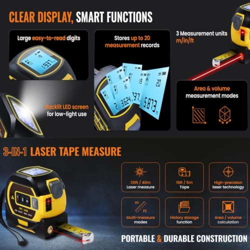 3 in 1 Digital Laser Tape Measure | Laser Level Crosshairs | 130ft/40m LCD | Laser distance measure+tape in one tool.130ft range, 16ft AutoLock, crosshairs, backlit display. Units: ft/in/m/mm/fractions. - color: Yellow/131FT/40meter