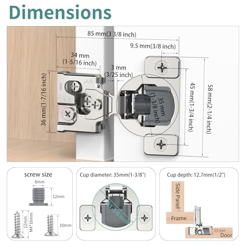 10 Pack 1/2" Overlay 3D Soft Close Hinges for Face Frame Kitchen Cabinet Door Hinges, 3 Way Adjust, Self Closing Concealed Cabinet Hinges-105 Degree
