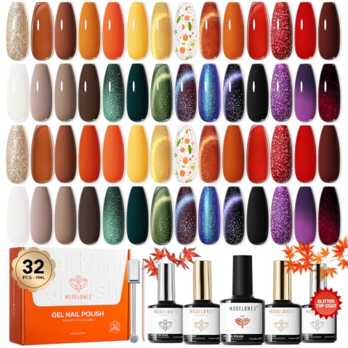 modelones 20 Colors Gel Nail Polish Kit, Fall Winter Gel Polish Set Soak Off Nail Polish Kit with Glitter, Glossy and Matte Top Base Coat DIY Manicure at Home - color: A Cozy Campfire