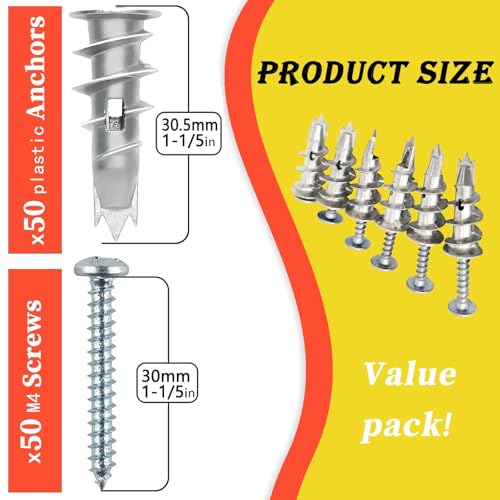 100PCS Zinc Self-Drilling Drywall Anchors, 50 Heavy Duty Hollow Metal Wall Anchors and 50#8 x 1-1/4'' Screws, Sheetrock Anchors and Screws Kit (White) - color: White Zinc Plating