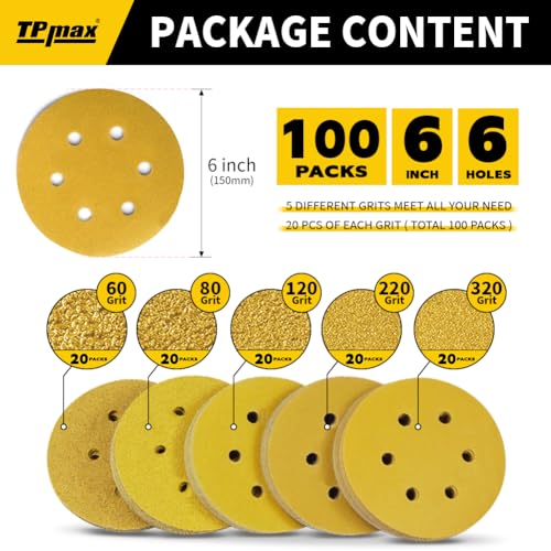 100PCS 6 Inch 150mm 6 Hole Sanding Discs Sandpaper Mixed Grits - Premium Gold Round Hook and Loop for Random Orbital Sander (60, 80, 120, 220, 320 Grit Variety Pack) - style: Mix Grit - 100 Pack