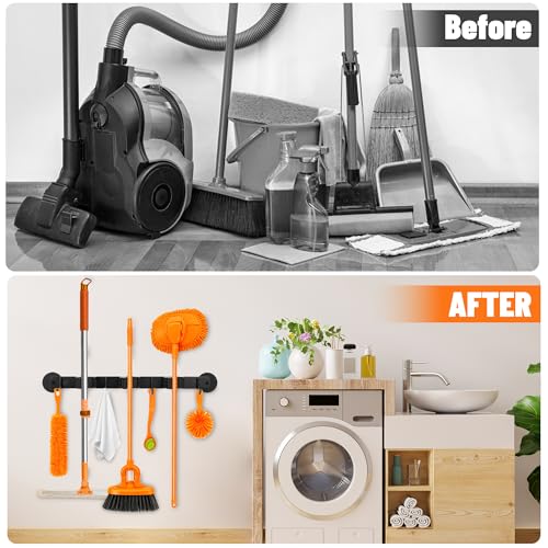 Magnetic Broom Holder Wall Mount with 4 Hooks and 3 Rack- Heavy Duty Non-Slip Mop Hanger for Wet Mops &Cleaning Tools on Refrigerator,Metal Door,Garage,Kitchen (3Racks 4Hooks)