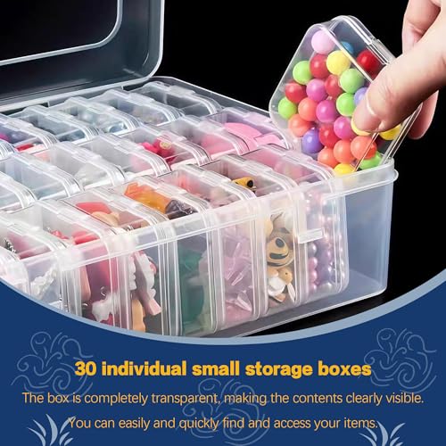 1 Large Box & 30-Grid Transparent Plastic Bead Organizer (Hinged Lid) — A Portable Craft Storage Solution for Jewelry Making, DIY Projects, Nail Art, and Storage of Screws & Small Parts
