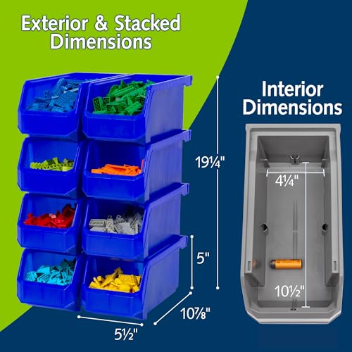 ReadySpace Medium Stackable Plastic Storage Bins, 8-Pack, Blue | Open-Front Stackable Bins For Garage, Pantry, Closet & Office, 11"L X 5,5"W X 5"H, Nests When Empty, Durable Plastic, - color: Blue, size: Medium, 8-Pack
