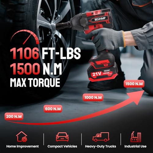 Cordless Impact Wrench 1/2 Inch, 1500 N.m/1106ft-lbs Brushless Impact Gun - color: Red With Battery