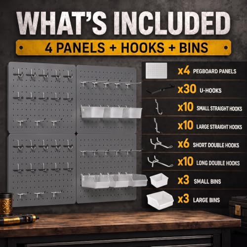 Pegboard Organizer, 4 Pack 12 x 16 in Metal Panels, 6 Bins, Gunmetal Gray - color: Gun gray, size: 16"x12"- 4 Pcs