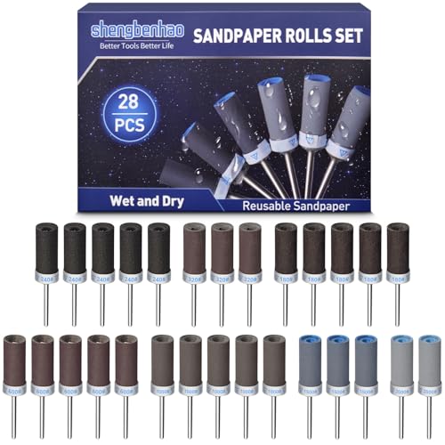 28Pcs Sanding Drums Sandpaper Sticks Set for Dremel Rotary Tool, 1/8" Shank 180/240/320/600/1000/1500/2000 Grits Different Meet More Needs for Metal Rust Removal/Stone Grinding/Jade Polishing - style: 28Pcs Mix Grit