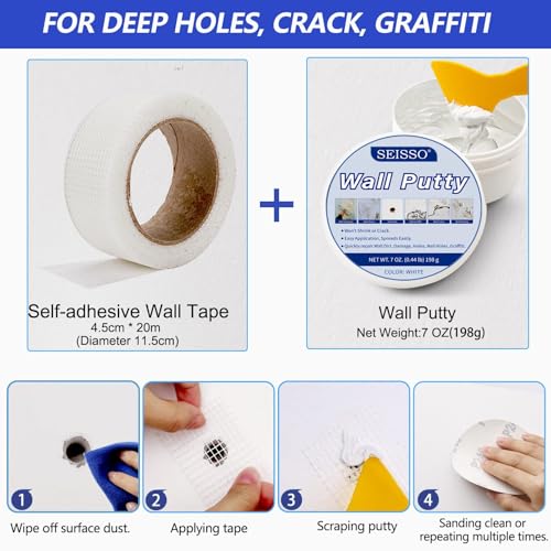 SEISSO Drywall Repair Kit, White- Wall Mending Agent 250 g* 2, Wall Repair Paste Plaster, 1 Pack Wall Putty, Repair Tape and Wall Repair Patch with 2inch 4inch, Quick Fill Crack and Nail Hole - style: 2pcs paste + putty