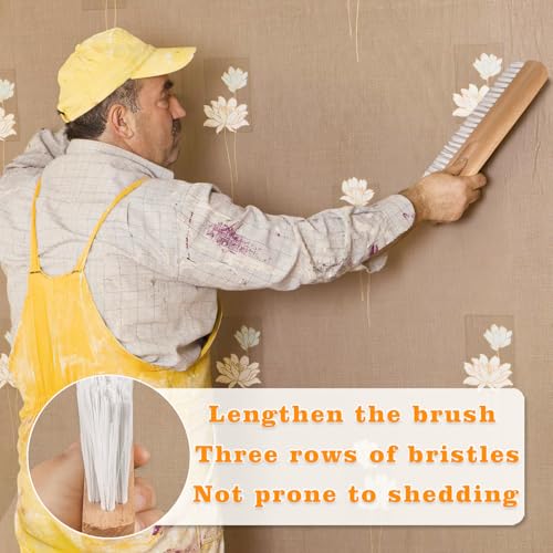 Concrete Brush with Wood Handle, Multi-Purpose Wallpaper Smoothing Tool for Tile Grout Scrubbing, Masonry and Paste Application