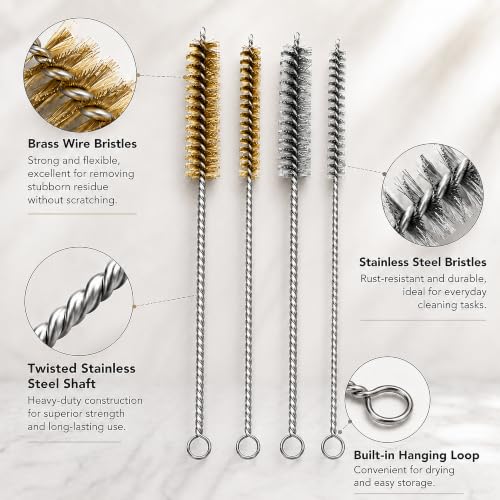 14PCS Tube Cleaning Brush Set, 7 Brass & 7 Stainless Steel Wire Brushes, 12 Inch Long Pipe Cleaner Kit, 7 Sizes Round Bore Brush for Engine Parts, Fuel Lines, Auto Parts, Pipes, Tubes & Nozzles