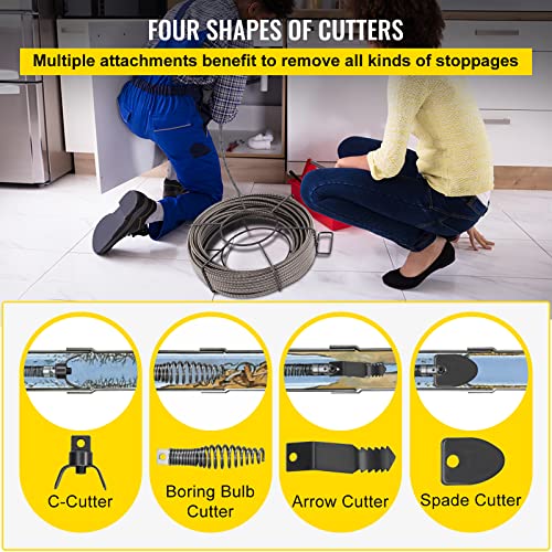 VEVOR Drain Cleaning Cable 100 ft x 1/2 inch Solid Core Cable Sewer Cable, Drain Auger Cable Cleaner, Snake Clog Pipe Drain Cleaning Cable W/Four Shapes of Cutters - style: 100Ft x 1/2Inch