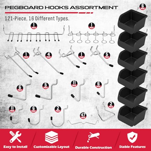Ultimate 121-Piece Pegboard Hooks Set, Pegboard Accessories with Metal Hooks, Durable Peg Board Organizer Accessories, Pegboard Bins, Peg Board Tool Utility Hooks - color: 121 pcs -Black