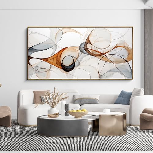 KLAKLA Modern Abstract Gray and Brown Designs - Colorful Curves and Translucent Medium - Frame Wall for Living Room Office Wall Decor Picture Artwork for walls - color: White + Orange Frame, size: 40"L x 20"W