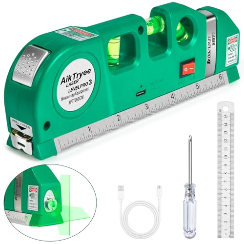 Level Tool Laser Level Leveler tool Cross Line Vertical and Horizontal Line with USB Rechargeable for Picture Hanging cabinets Tile Walls by AikTryee. - color: Green Laser