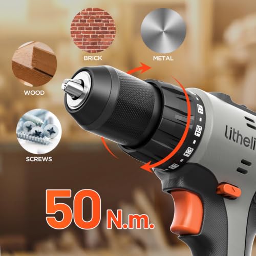 Litheli 20V Cordless Drill Driver Set, Electric Power Drill with 2 Variable Speed Settings, 1/2 Inch Keyless Chuck, 21+1 Clutch Settings with Maximum Torque of 443 In-lbs