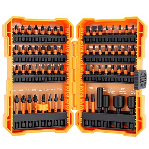 MulWark 63-Piece Impact Driver Bit Set, Impact Rated S2 Steel Impact Bit Set with Color-Coded Torx Bit and Magnetizer, Professional Tool Kit for Impact Drivers, DIY, and Construction