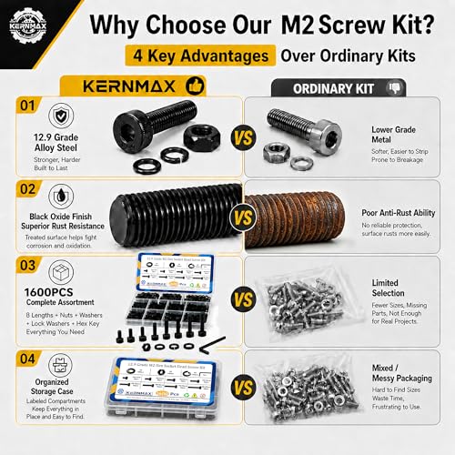 1600PCS M2 Screws Kit, M2x4/6/8/10/12/16/18/20mm Hex Socket Head Metric Tiny Screws, Nuts & Washers Kit, 12.9 Grade Black Oxide M2 Bolts for 3D Printer, DIY, Drone - size: M2 1600pcs