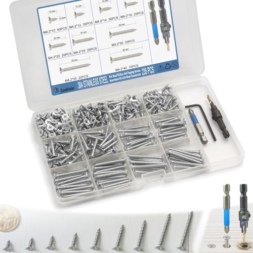 235PCS Flat Head Phillips Wood Screws Assortment Kit, 304 Stainless Steel Self-Tapping Screw with Adjustable Wood Countersink (SS304 M4.2) - size: SS304 M4.2