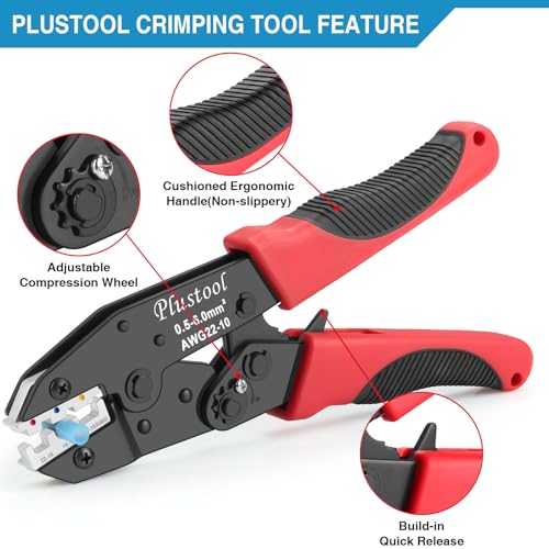 Plustool 6PCS Crimping Tool Set - Ratcheting Wire Crimper - for Heat Shrink, Insulated Nylon, Non-Insulated, Ferrule Terminal, Open Barrel Terminals & Solar Connectors