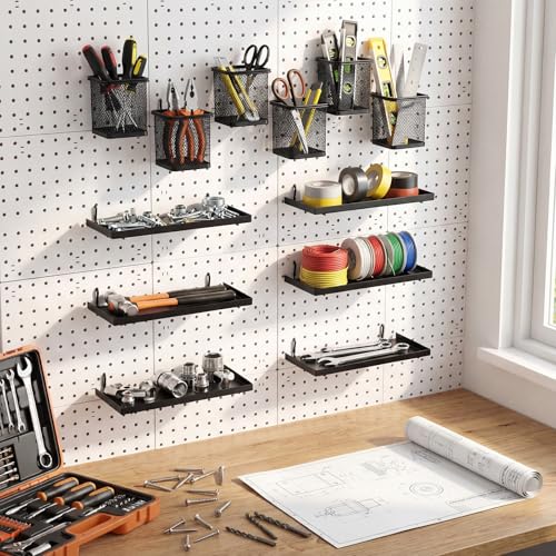 12 Pack Pegboard Organizer Accessories - 6 Pegboard Pencil Cups Holder Peg Board - 6 Shelves Metal Shelf Brackets - Tools Storage Arrange System Kit for Office Garage Room