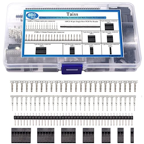 Taiss 600PCS Dupont Connector Kit - 2.54mm 1/2/3/4/5/6/7 Pin Housing Connector and Male/Female Crimp Pin, Jumper Wire Cable