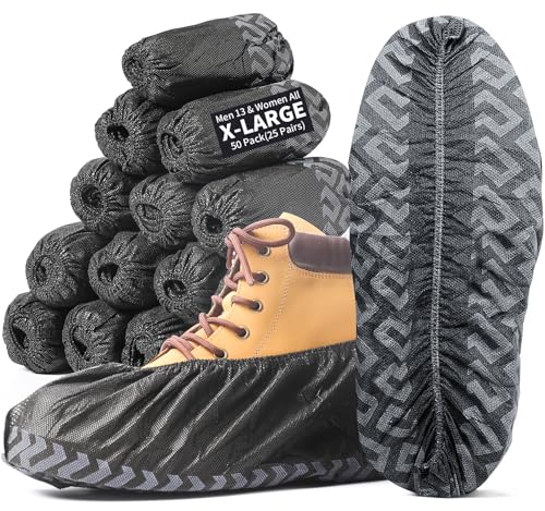 X-Large Shoe Covers Disposable Non-Slip, Non-Woven Fabric Boot Covers, Stretchable Fits Up to Size 13 US Men (Black, 50 Pack) - color: Black, size: 50 Pack