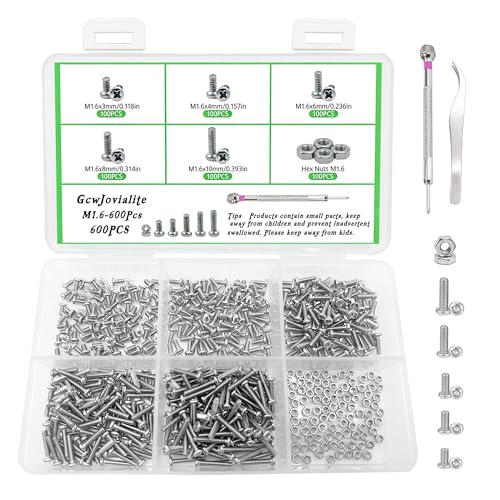 600Pcs M1.6 x 3mm / 4mm / 6mm / 8mm / 10mm Metric Micro Screws Nuts Assortment Kit, Phillips Pan Head, Tiny Machine Screws Assortment for Watch Repair, Electronics, RC Drones, Arduino, DIY Projects - size: M1.6x3/4/6/8/10-600Pcs