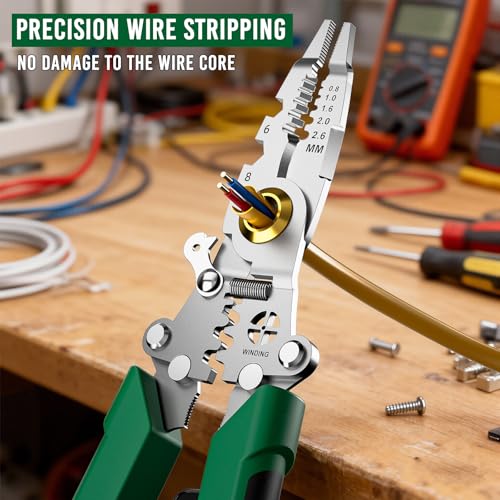 12 in 1 Foldable Wire Stripper with Electricity Measurement Function & Dual Alarms Multifunctional Professional Electrician's Pliers Cable Stripping Pliers (Green, Wire Stripper (Centre Split) 8.5") - size: Wire Stripper (Centre Split) 8.5"