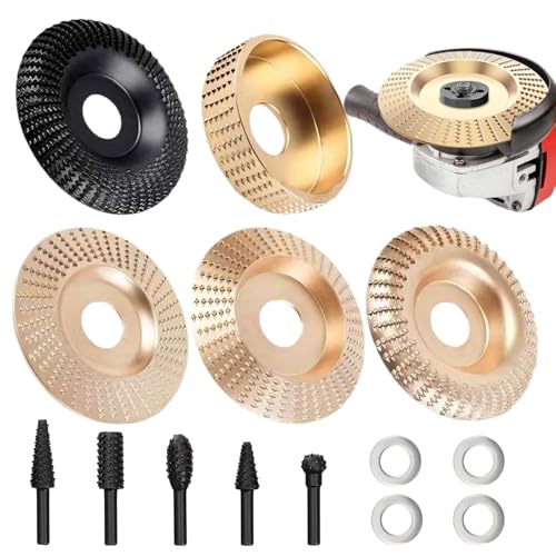 14PCS Angle Grinder Wood Carving Disc Set - 5Pcs 4"/4.5" 45# Carbon Steel Discs with 5 Rotary Burrs & 4 Adapter Rings, for Cutting, Polishing & Sculpting Hardwood/Softwood
