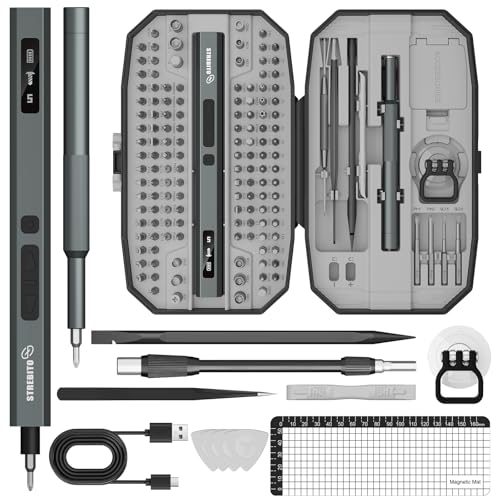 STREBITO 155 in 1 Electric Screwdriver Set, Electric Precision Screwdriver | Upgraded 5 Torque & Indicator, 140 S2 Magnetic Bits, 500mAh Battery, Electronics Tool Kit for RC, Computer, PC, Laptop, Phone - color: Upgraded-grey