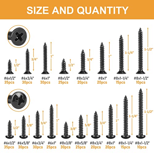 VIGRUE 425PCS #6#8 Black Wood Screw Set, Black Oxide 304 Stainless Steel Phillips Pan and Flat Head Self Tapping Screws Assortment Kit, Length 1/2" to 1-1/2" - style: 425PCS #6#8 Pan Head & Flat Head