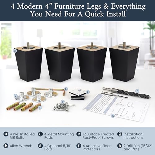 Airy Abode Premium Black Square Furniture Legs (Full Install Kit) - Pick Your Size and Color - color: Black, size: 4 Inches