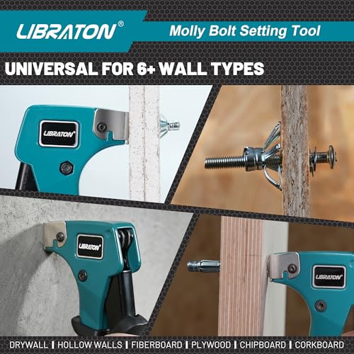LIBRATON Molly Bolts for Drywall & Plaster Wall (0.12"-1.52"), 30PCS 6 Size | 6 Sizes with Setting Tool, Heavy Duty Hollow Wall Metal Anchors Screws Kit, Holds Up to 65lbs, for TV, Shelf, Mirror