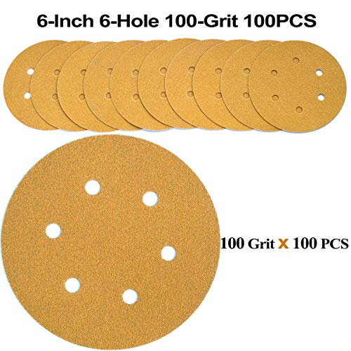 6-Inch 6-Hole Hook and Loop Gold Sanding Discs 100-Grit, 100-Pack - style: 100 Grit
