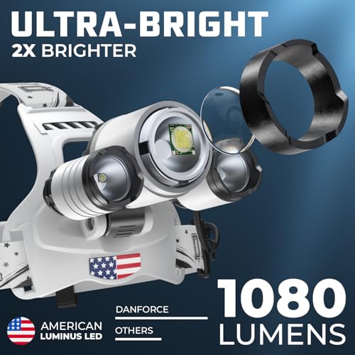 DanForce Headlamp. USB Rechargeable LED Head Lamp. Ultra Bright LUMINUS 1080 Lumen Headlamp Flashlight + Red Light. HeadLamps for Adults, Camping, Outdoors & Hard Hat Light. Zoomable IPX54 Headligh - color: Moon