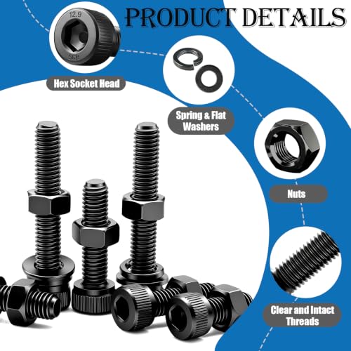 mxuteuk 2000PCS Metric Screw Assortment Kit,M6 M5 M4 M3 M2 Machine Screws,12.9 Carbon Steel Black Zinc Plated Hex Socket Head Cap Bolts Nuts and Washers Kit for 3D Printing DIY - size: 2000PCS M2-M6