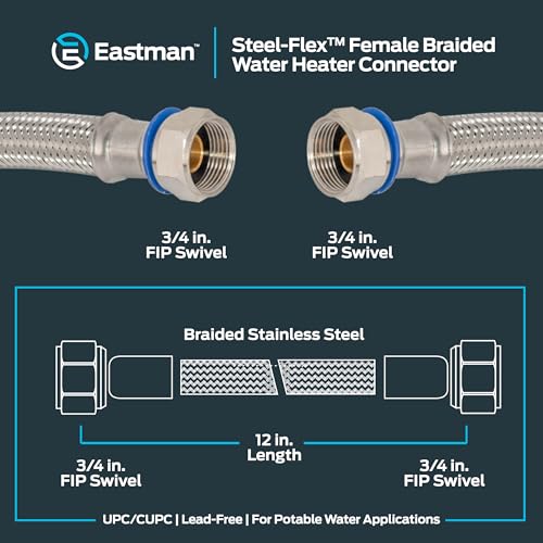 Eastman 12 Inch Steel-Flex Water Heater Connector, 3/4 Inch x 3/4 Inch FIP Swivel, Braided Stainless Steel Water Heater Connectors, 48250 - size: 12 Inch